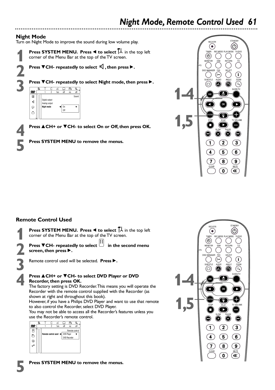 Philips DVDR80/99 owner manual Night Mode, Remote Control Used 