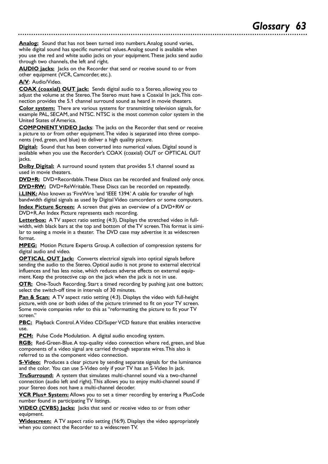 Philips DVDR80/99 owner manual Glossary 