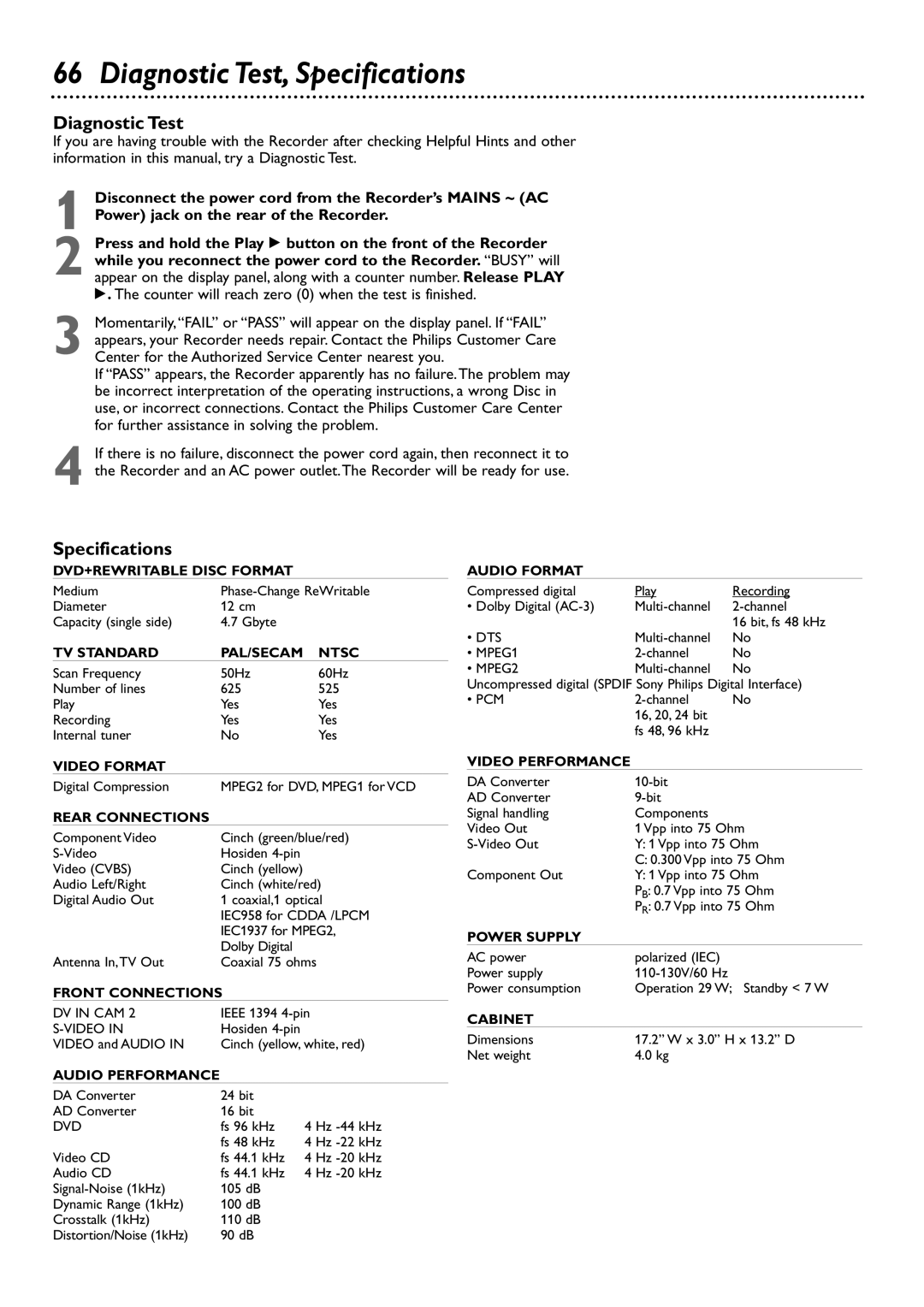 Philips DVDR80/99 owner manual Diagnostic Test, Specifications 