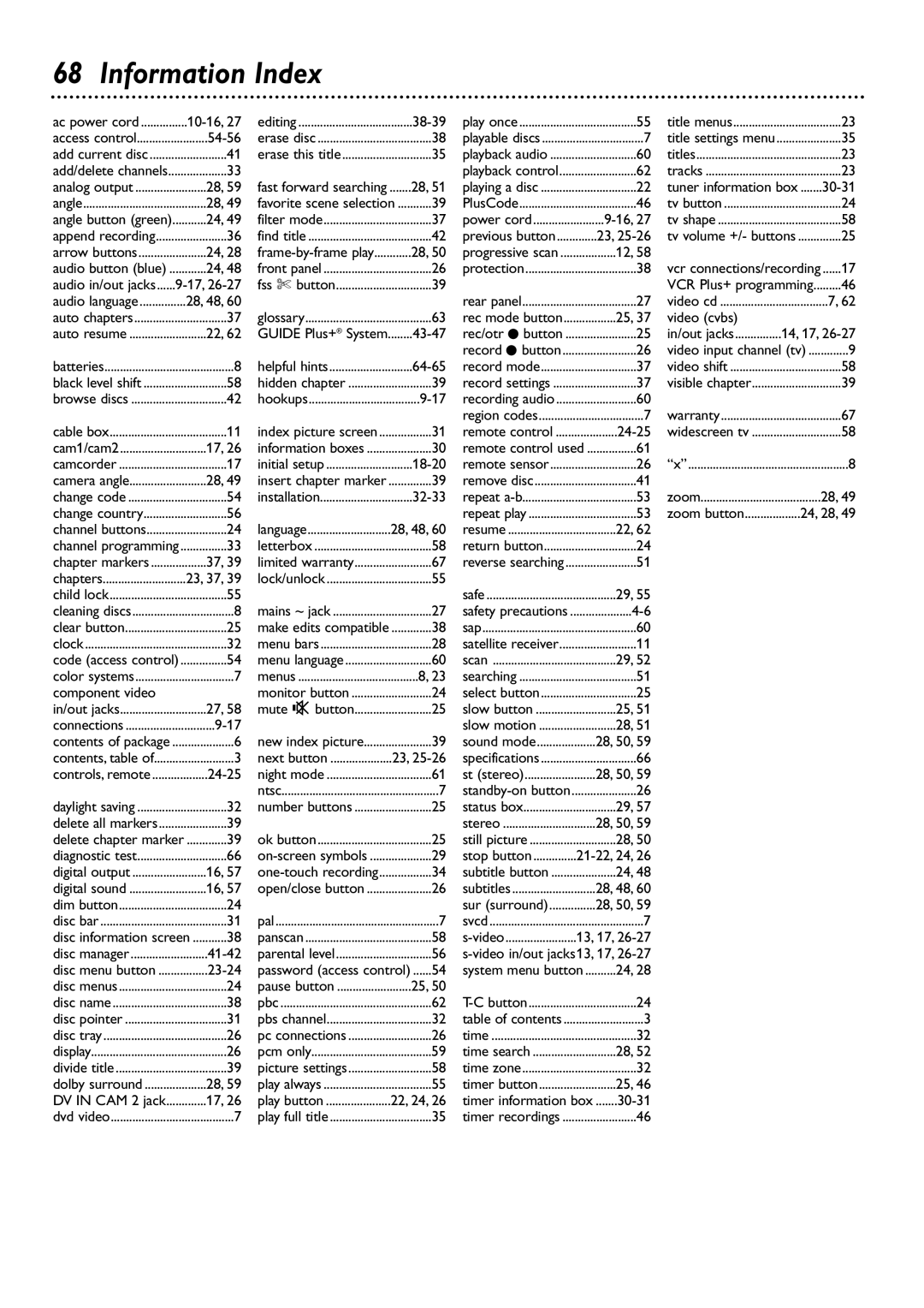 Philips DVDR80/99 owner manual Information Index, Component video, 24-25, Video cvbs, 24, 28 