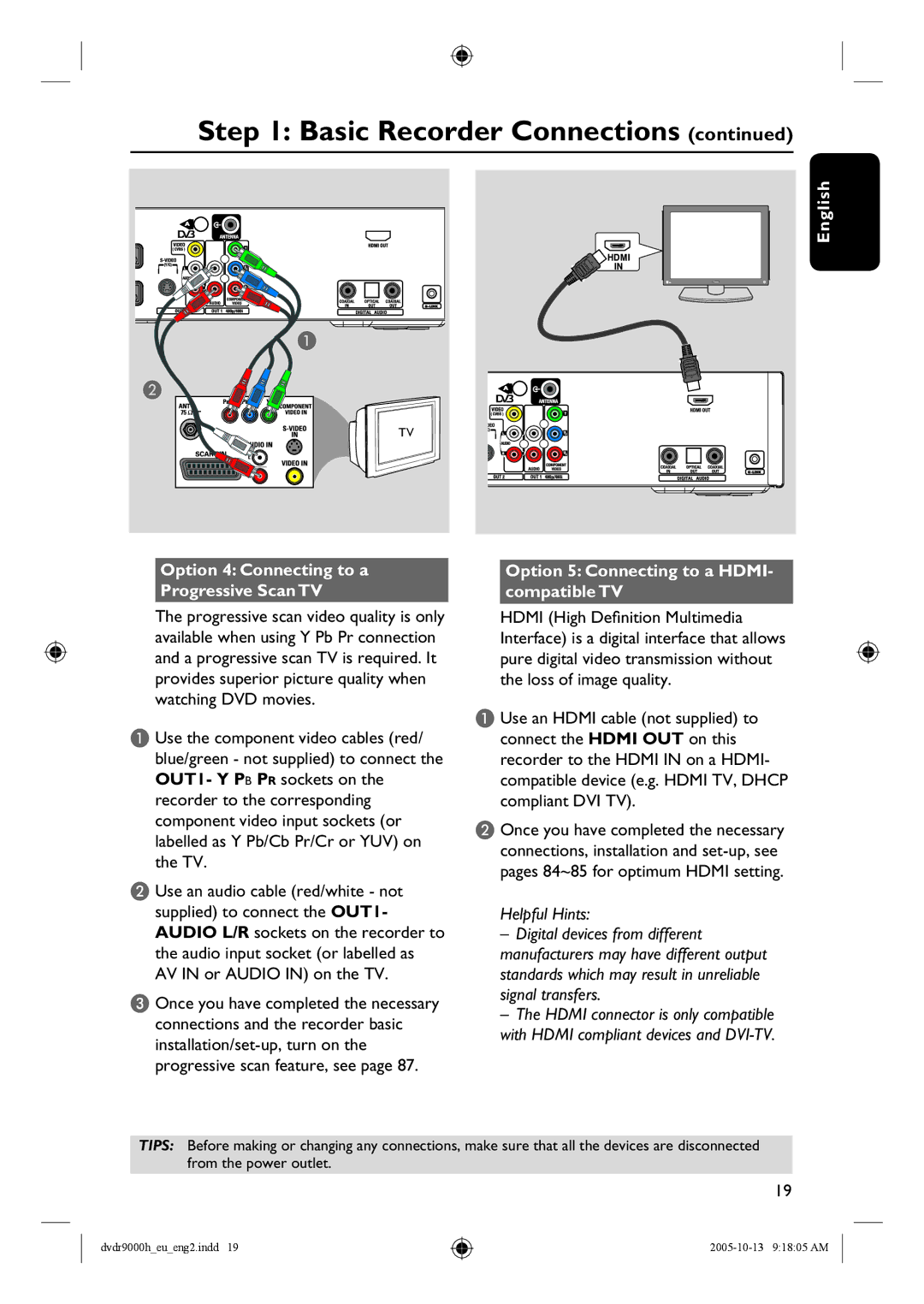 Philips DVDR9000H user manual Basic Recorder Connections 