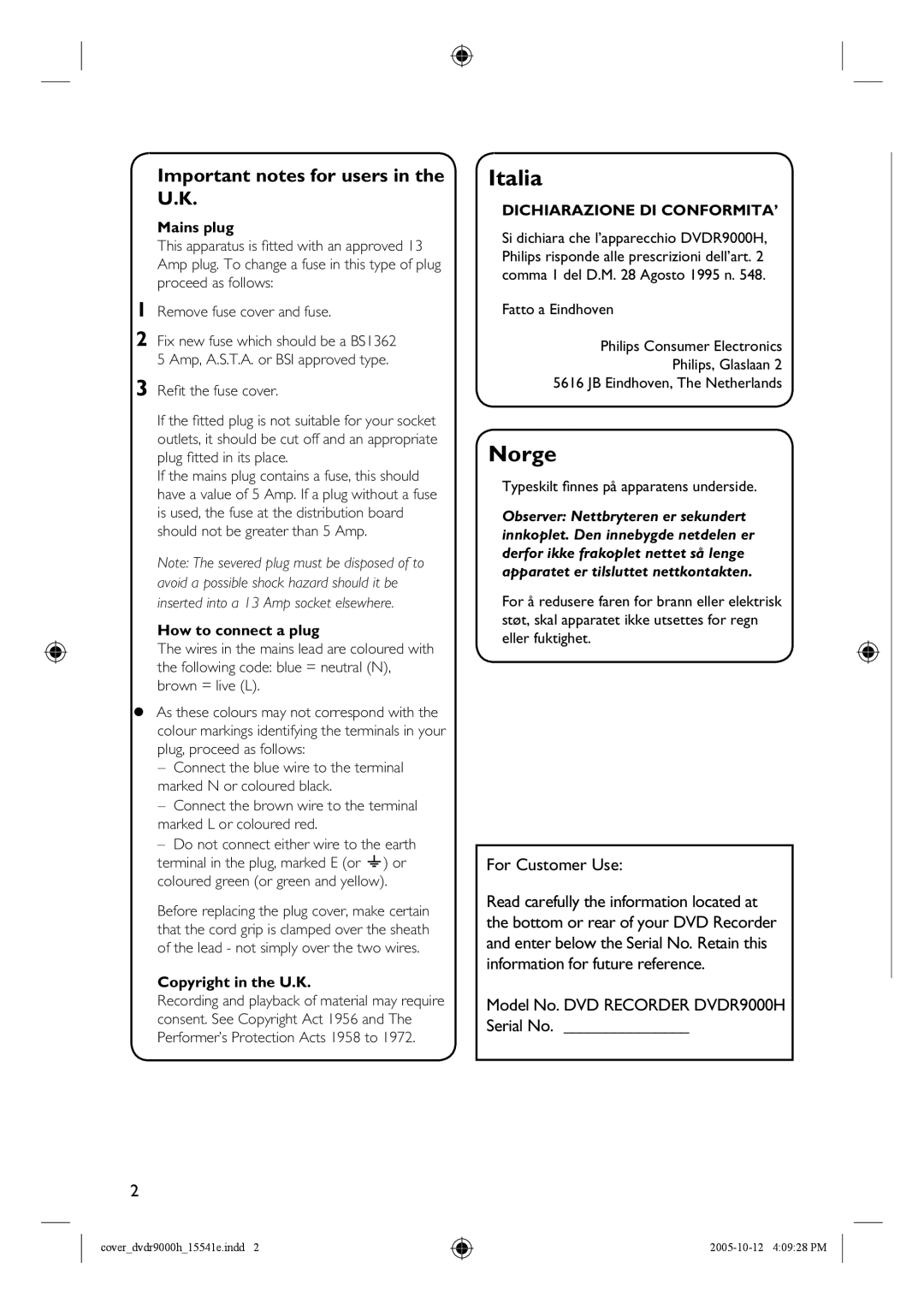 Philips DVDR9000H user manual For Customer Use, Mains plug, How to connect a plug, Copyright in the U.K 