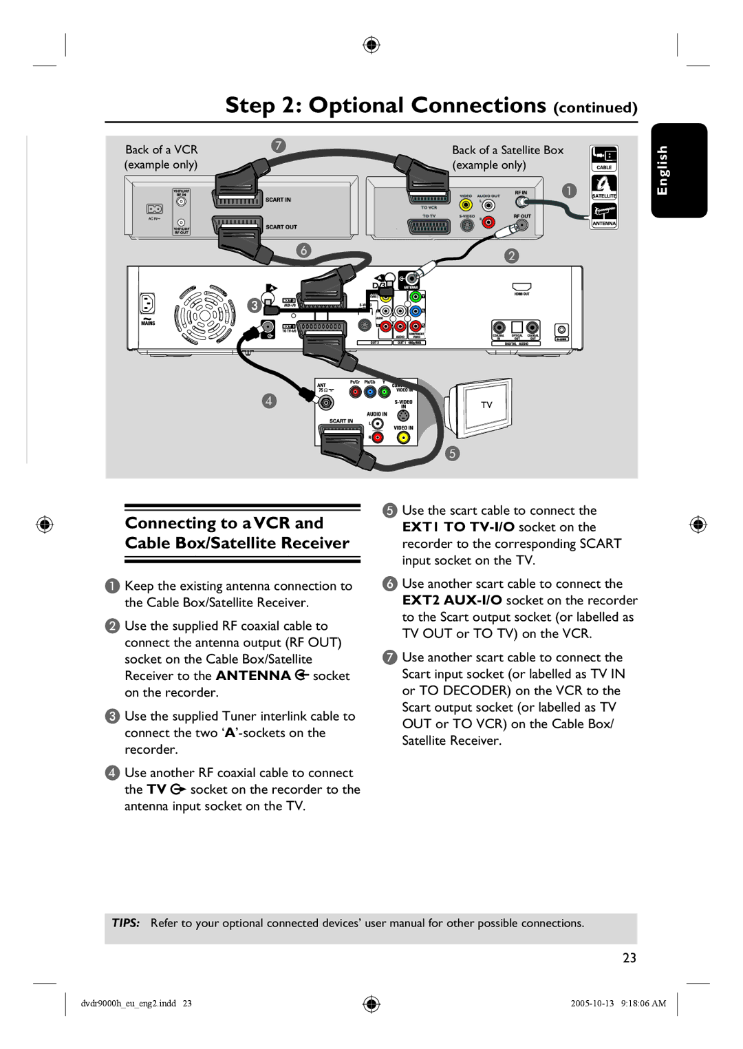 Philips DVDR9000H user manual Connecting to a VCR and Cable Box/Satellite Receiver, Example only 