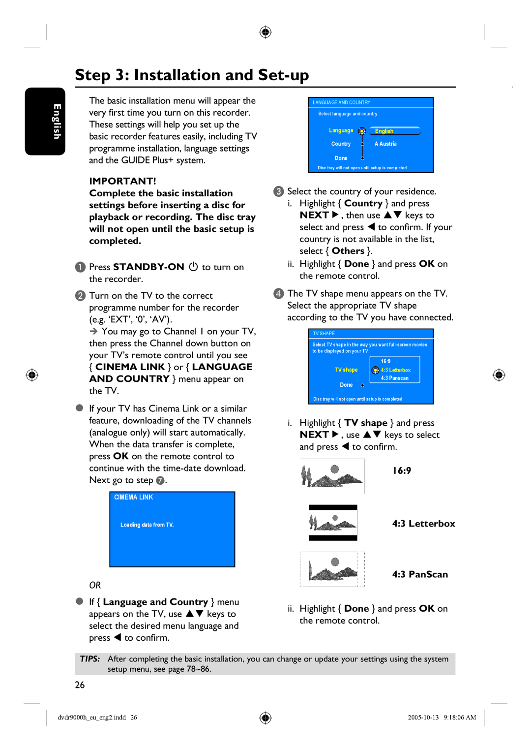 Philips DVDR9000H Installation and Set-up, Cinema Link or Language and Country menu appear on the TV, To confirm 