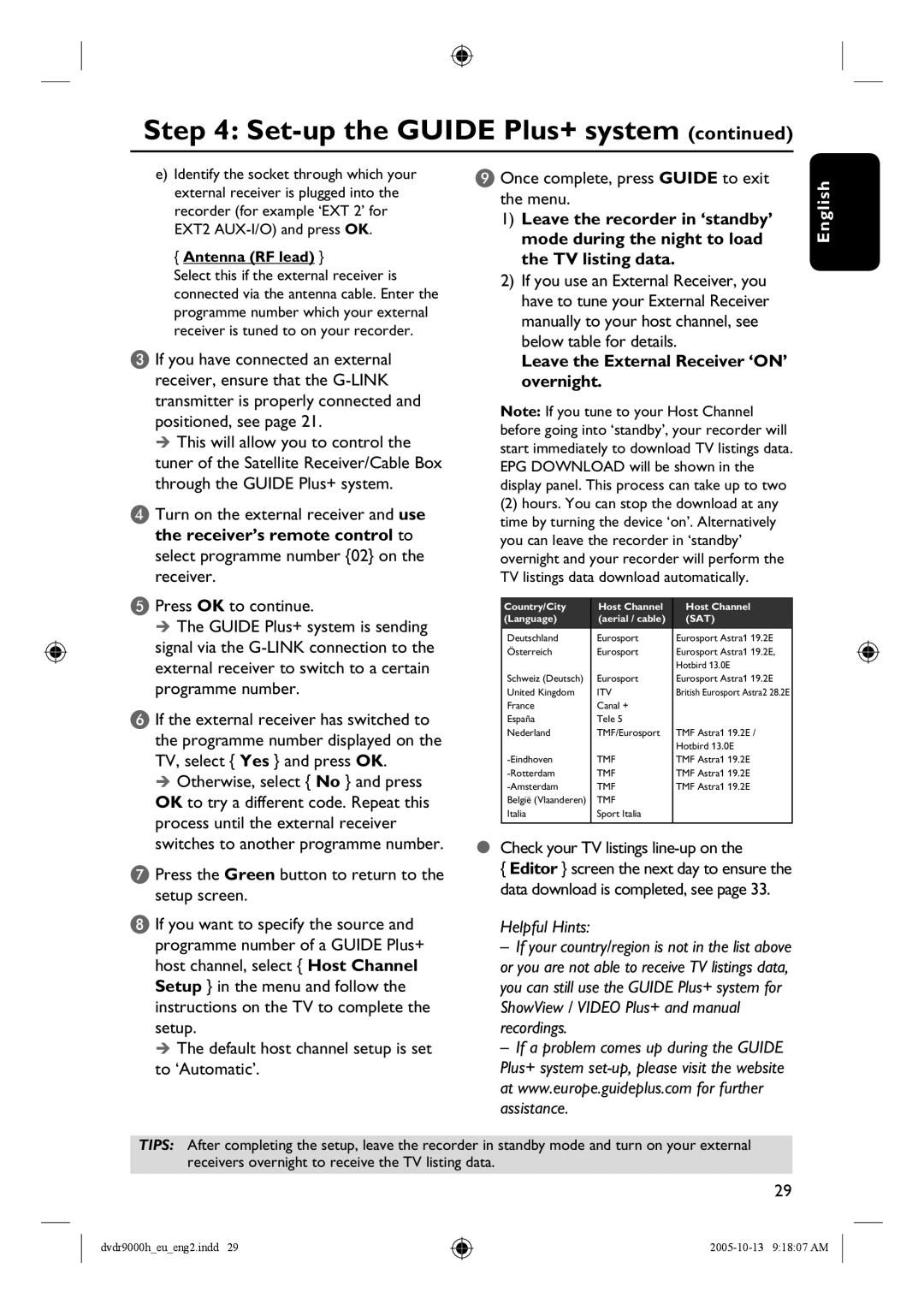 Philips DVDR9000H Leave the External Receiver ‘ON’ overnight, Check your TV listings line-up on, Antenna RF lead 