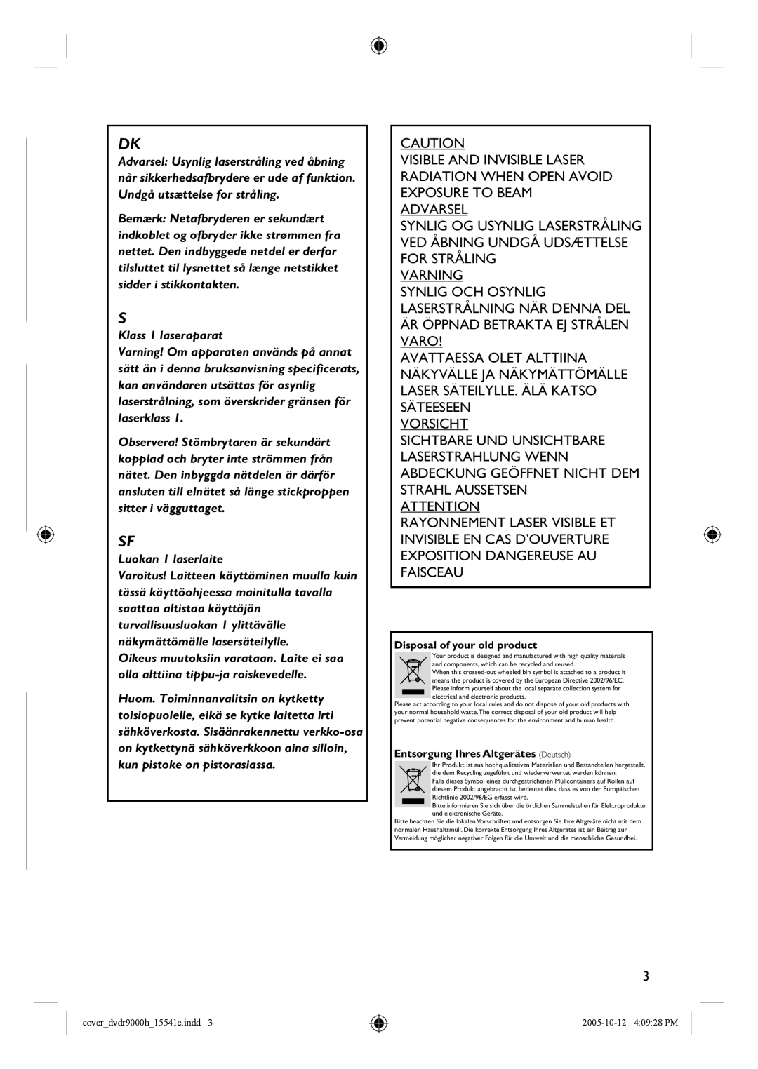 Philips DVDR9000H user manual Klass 1 laseraparat 