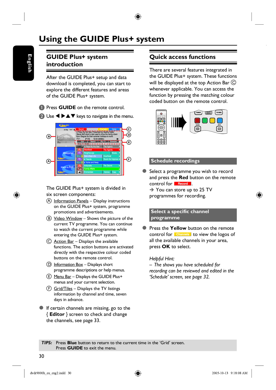 Philips DVDR9000H user manual Using the Guide Plus+ system, Guide Plus+ system introduction, Quick access functions 