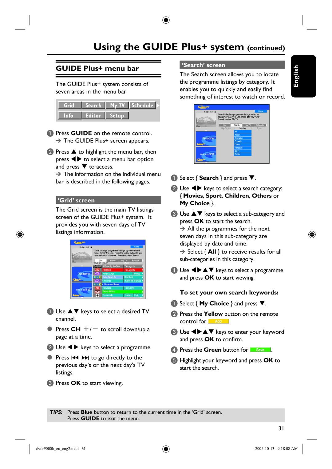 Philips DVDR9000H Guide Plus+ menu bar, ‘Search’ screen, ‘Grid’ screen, Movies, Sport, Children, Others or My Choice 