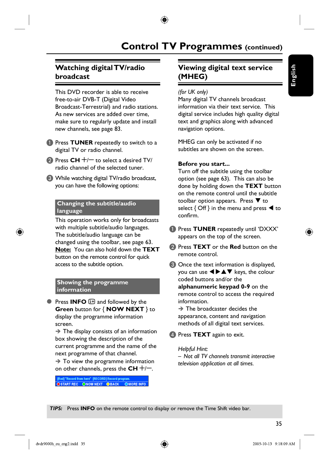 Philips DVDR9000H Watching digital TV/radio broadcast, Viewing digital text service Mheg, Press Text again to exit 