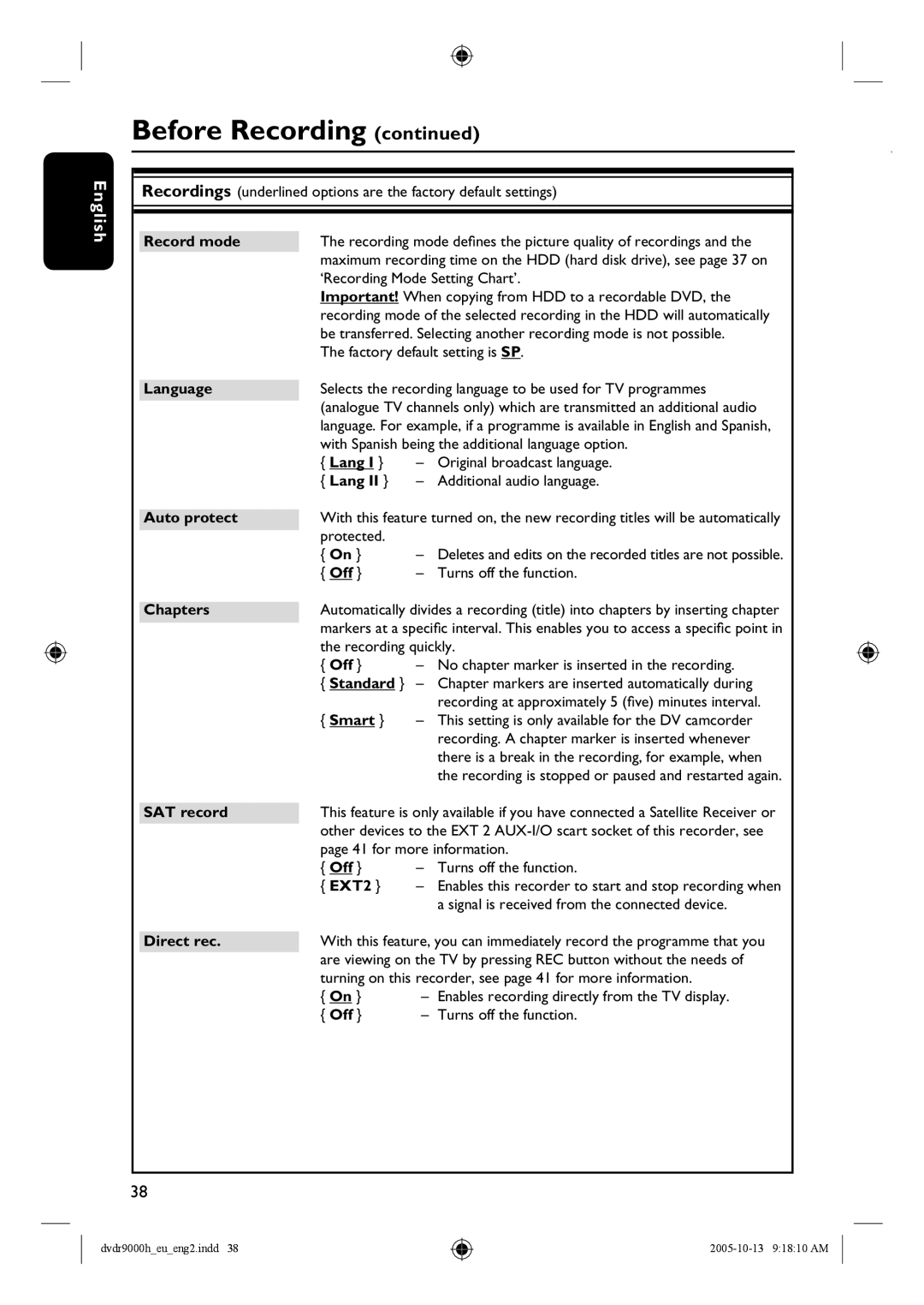 Philips DVDR9000H Record mode, Language, Auto protect, Chapters, Off, Standard, Smart, SAT record, EXT2, Direct rec 