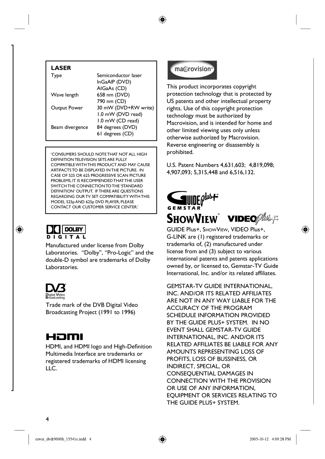 Philips DVDR9000H user manual Laser, MW DVD read, MW CD read, Beam divergence Degrees DVD Degrees CD 