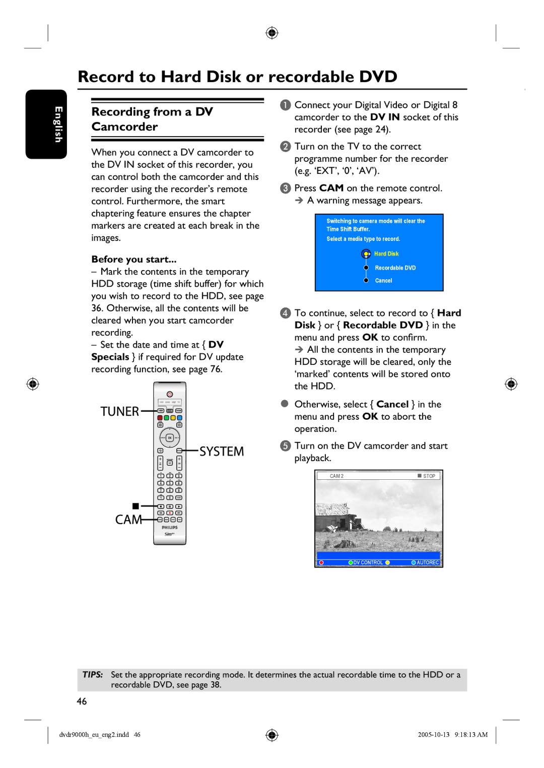 Philips DVDR9000H user manual Record to Hard Disk or recordable DVD, Recording from a DV Camcorder 