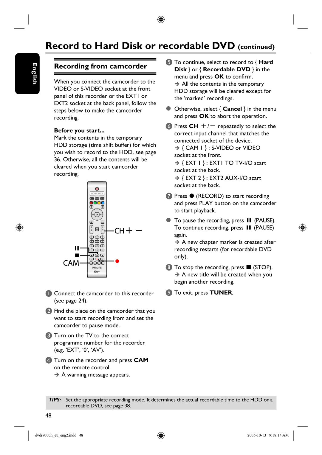 Philips DVDR9000H user manual Recording from camcorder 