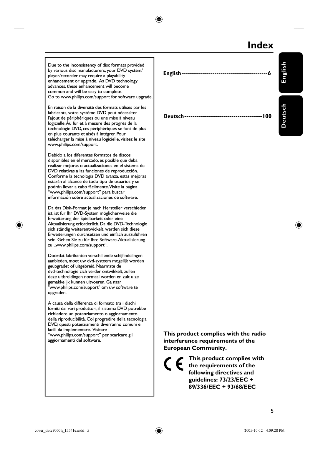 Philips DVDR9000H user manual Index, English, Deutsch, 100 