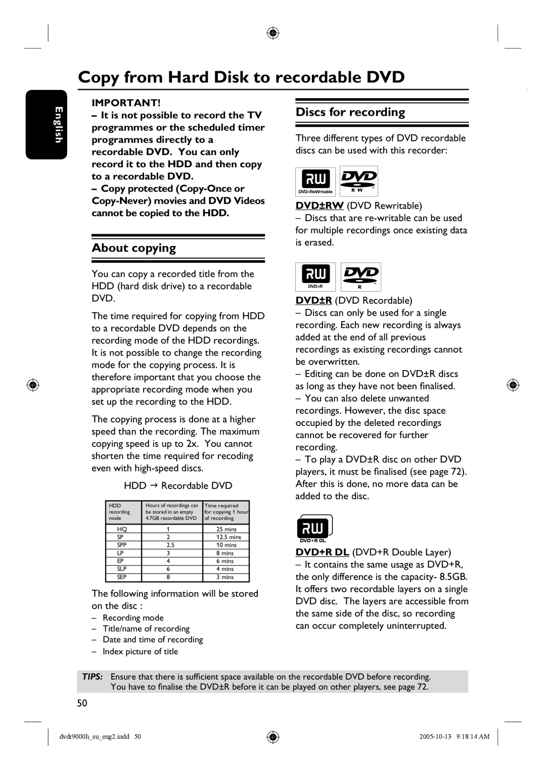 Philips DVDR9000H user manual Copy from Hard Disk to recordable DVD, About copying, Discs for recording, Recordable DVD 