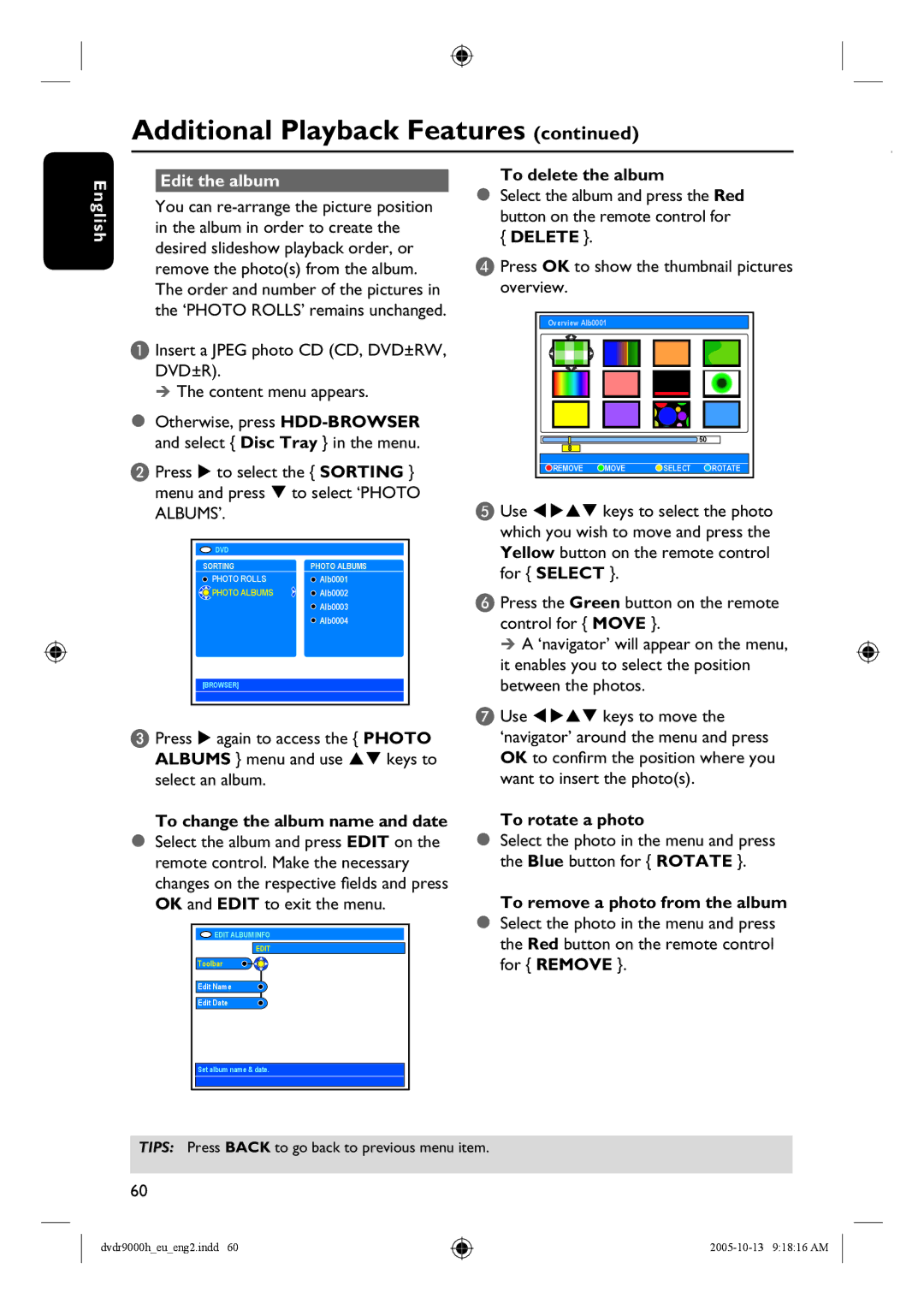 Philips DVDR9000H English Edit the album, To change the album name and date, To delete the album, To rotate a photo 