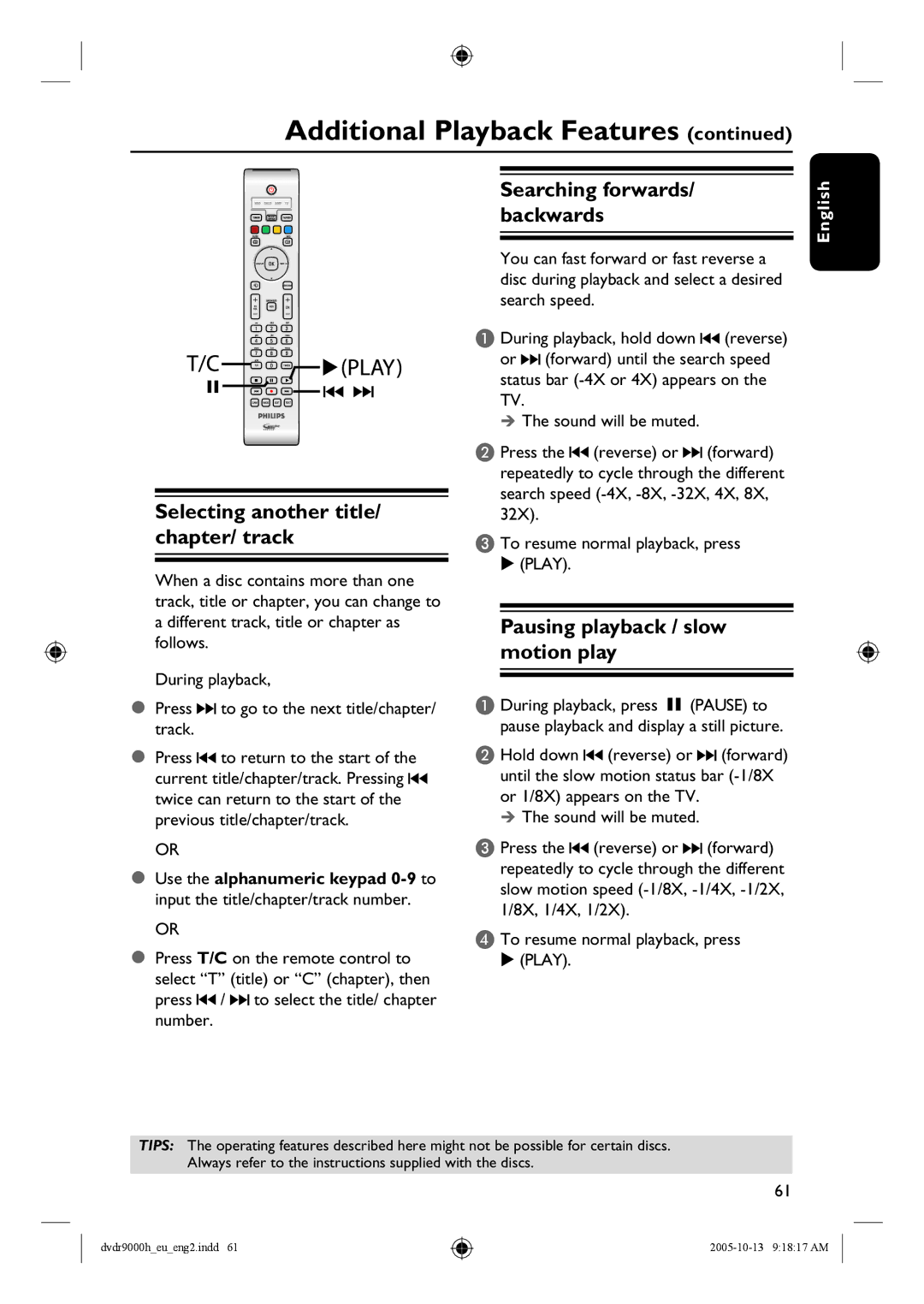 Philips DVDR9000H user manual Selecting another title/ chapter/ track, Pausing playback / slow motion play 