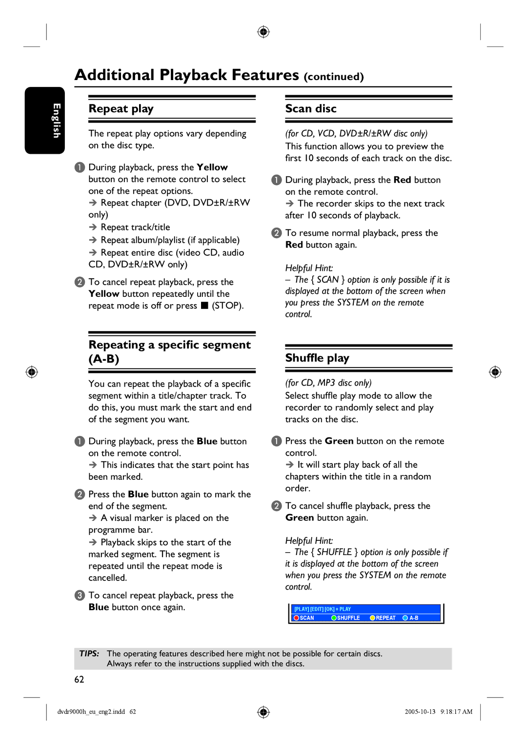 Philips DVDR9000H user manual Repeat play, Scan disc, Repeating a specific segment A-B, Shuffle play, CD, DVD±R/±RW only 