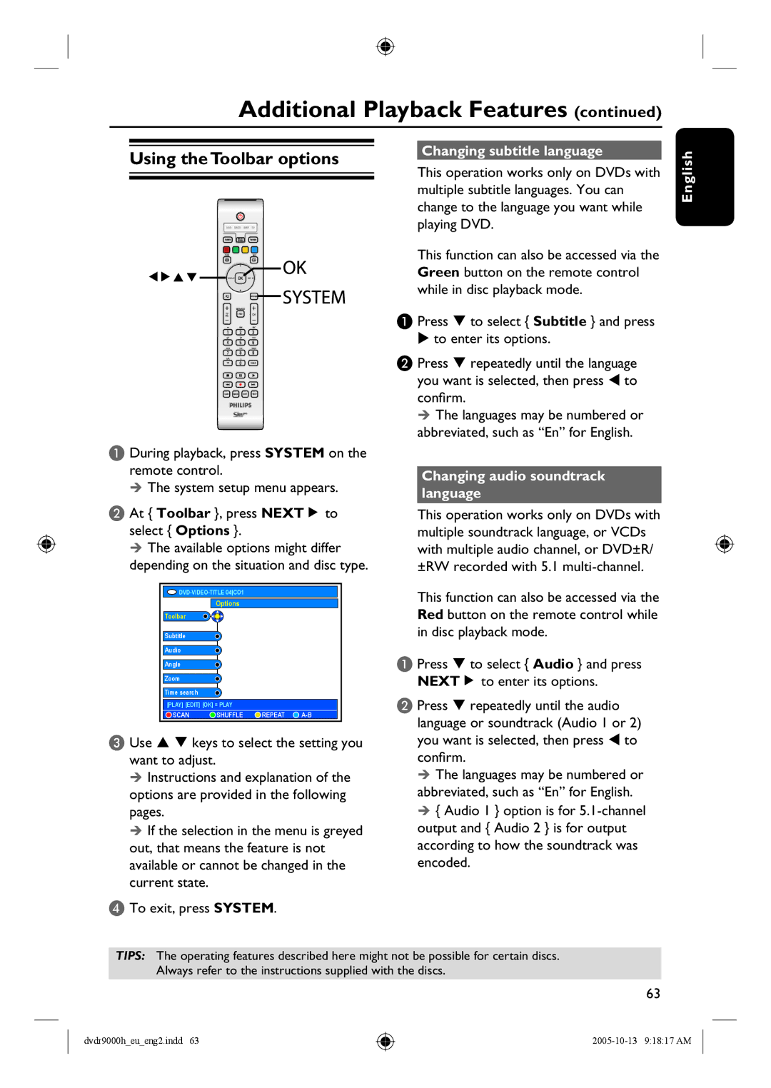 Philips DVDR9000H user manual Using the Toolbar options, Changing subtitle language, Changing audio soundtrack language 