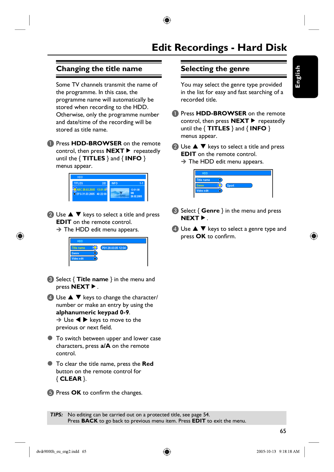 Philips DVDR9000H user manual Edit Recordings Hard Disk, Changing the title name, Selecting the genre, Clear, Nexté 