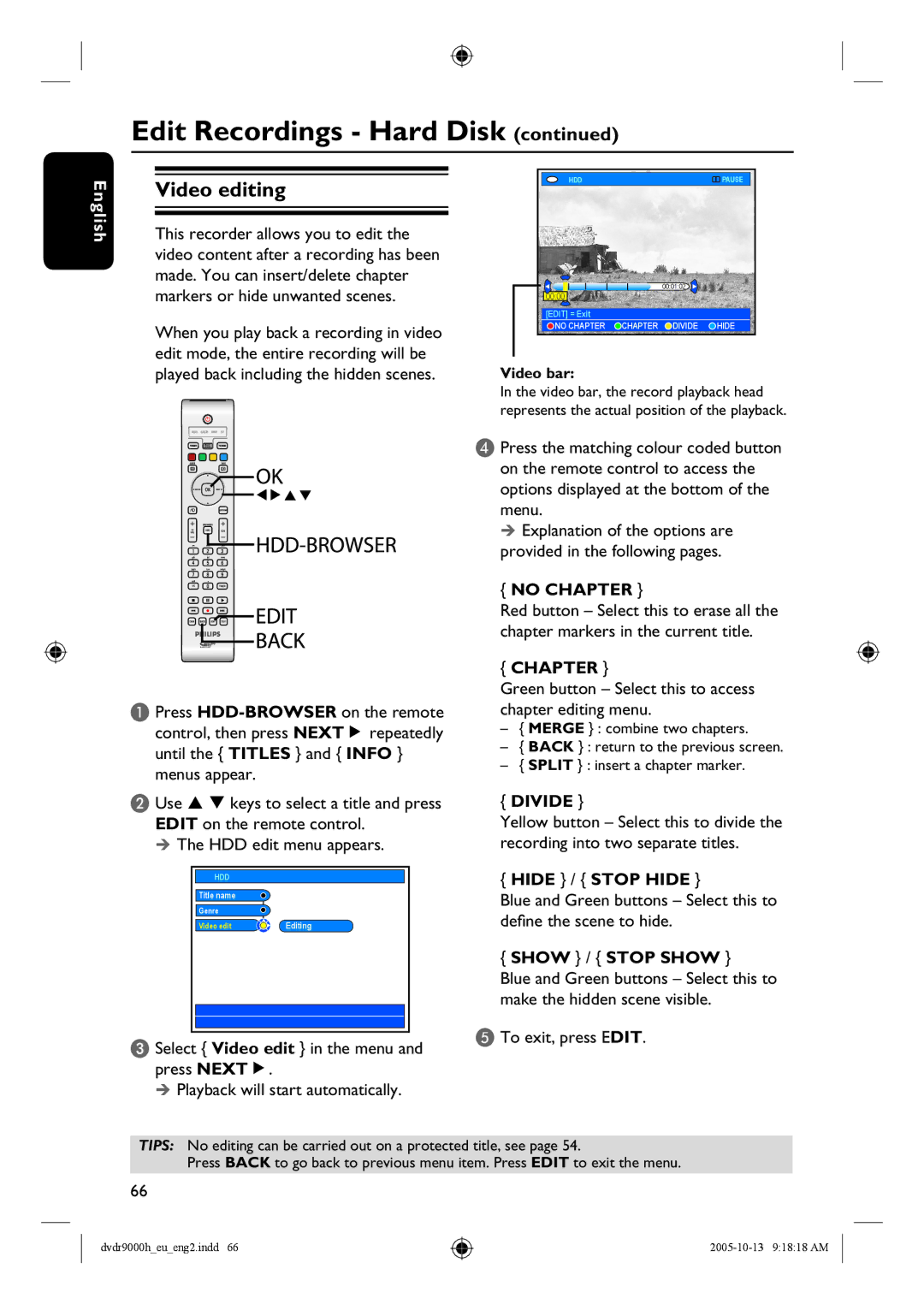 Philips DVDR9000H user manual Video editing, No Chapter, Divide 