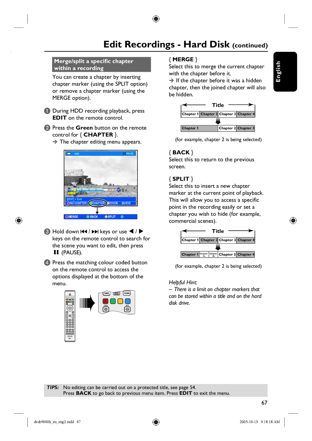 Philips DVDR9000H Merge/split a specific chapter within a recording, Select this to return to the previous screen, Split 