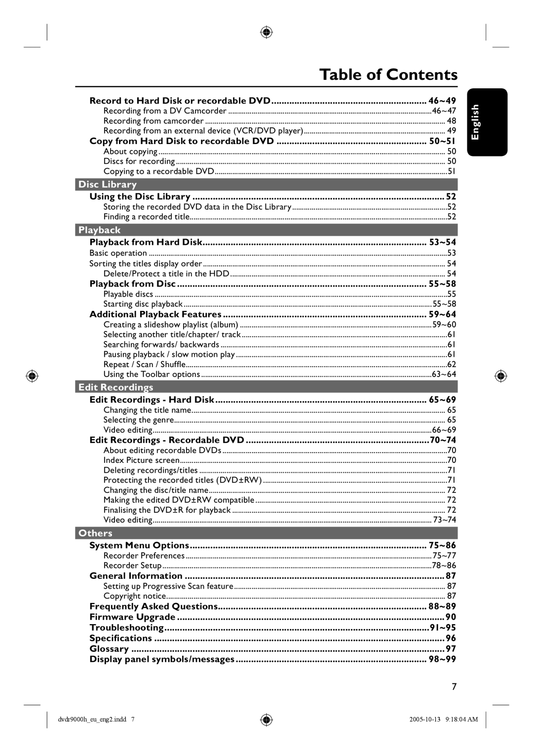 Philips DVDR9000H user manual Table of Contents 