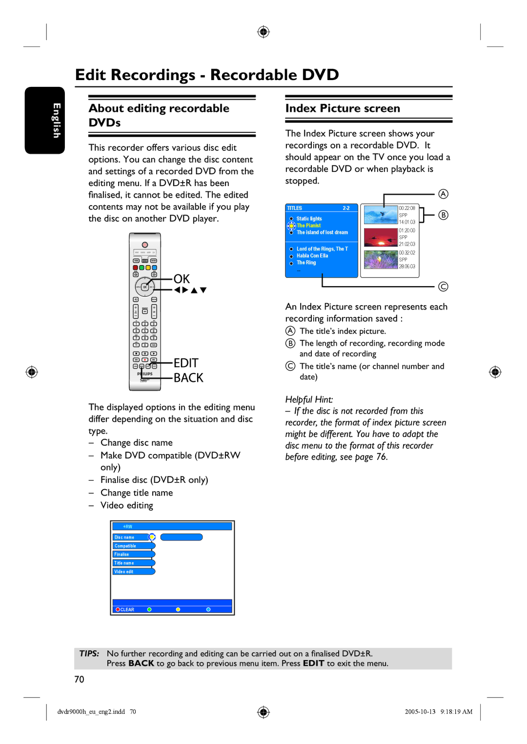 Philips DVDR9000H user manual Edit Recordings Recordable DVD, About editing recordable DVDs, Index Picture screen 