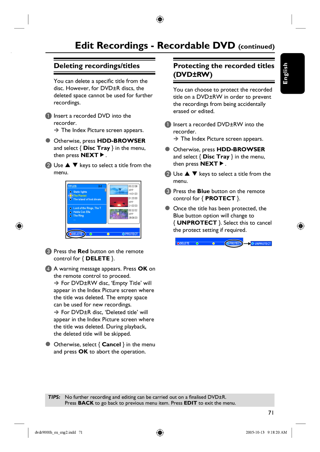 Philips DVDR9000H Deleting recordings/titles, Protecting the recorded titles DVD±RW, Menu, Keys to select a title from 