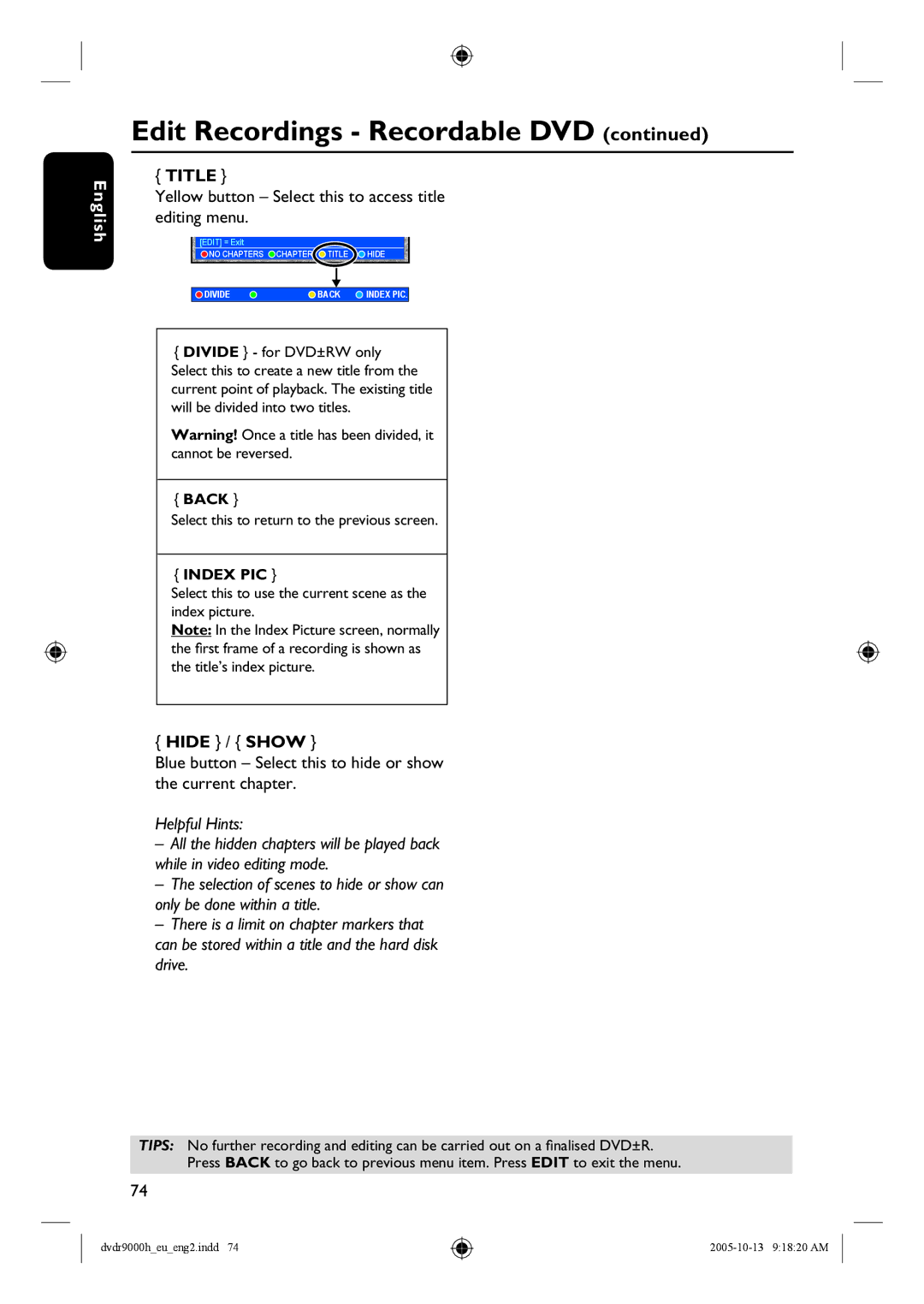 Philips DVDR9000H user manual Title, Yellow button Select this to access title editing menu, Hide / Show 