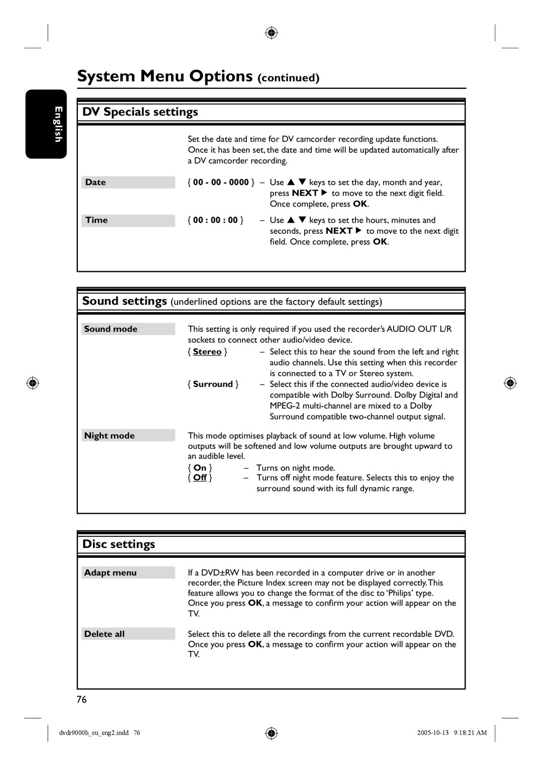 Philips DVDR9000H user manual DV Specials settings, Disc settings 