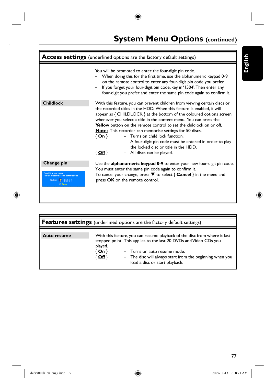 Philips DVDR9000H user manual Childlock Change pin, Auto resume 