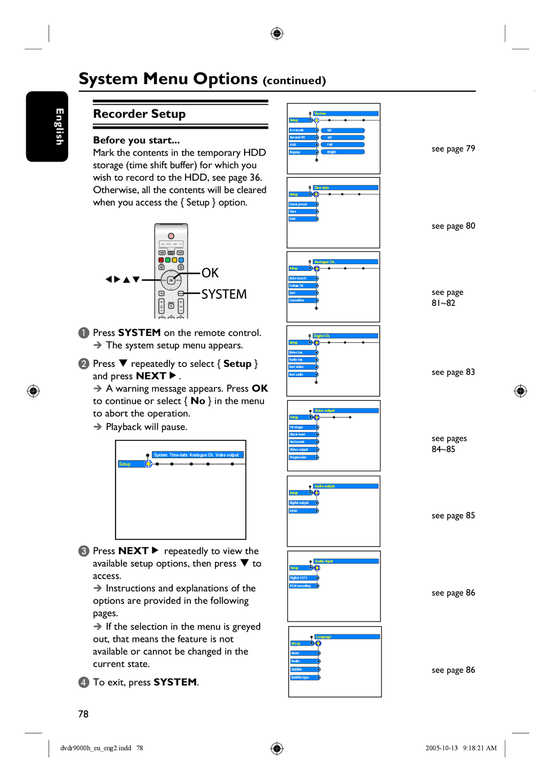 Philips DVDR9000H user manual Recorder Setup, System 