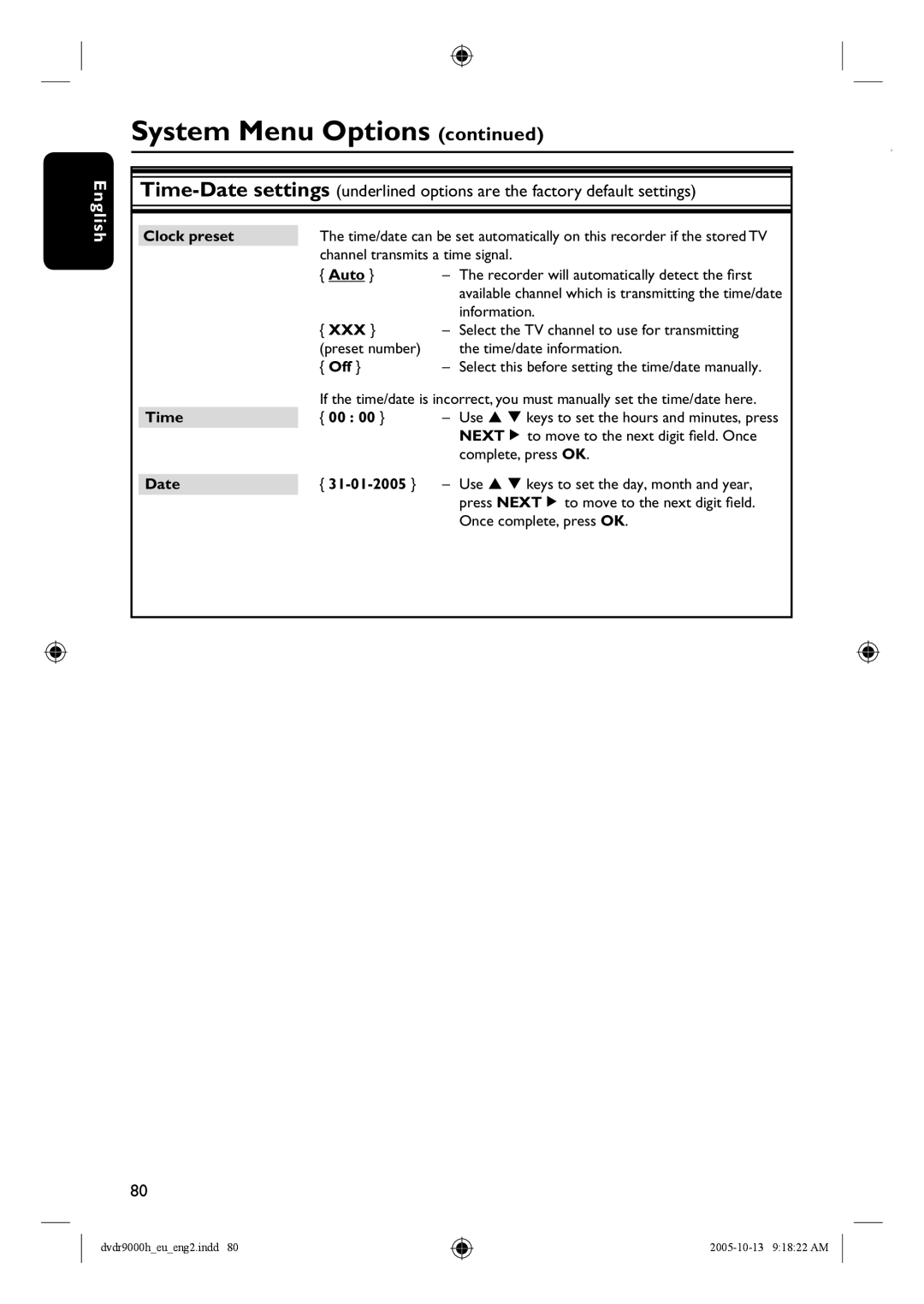 Philips DVDR9000H user manual Clock preset, Xxx, Date 31-01-2005 