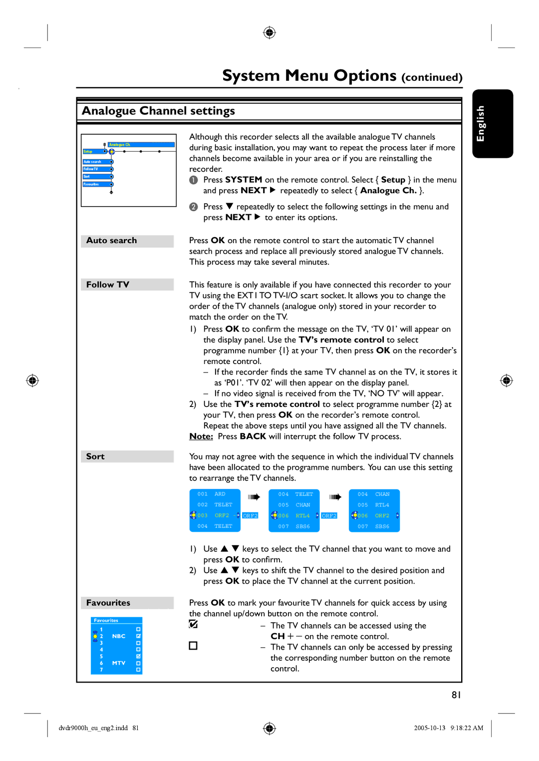 Philips DVDR9000H user manual Analogue Channel settings, Auto search, Follow TV, Sort, Favourites 