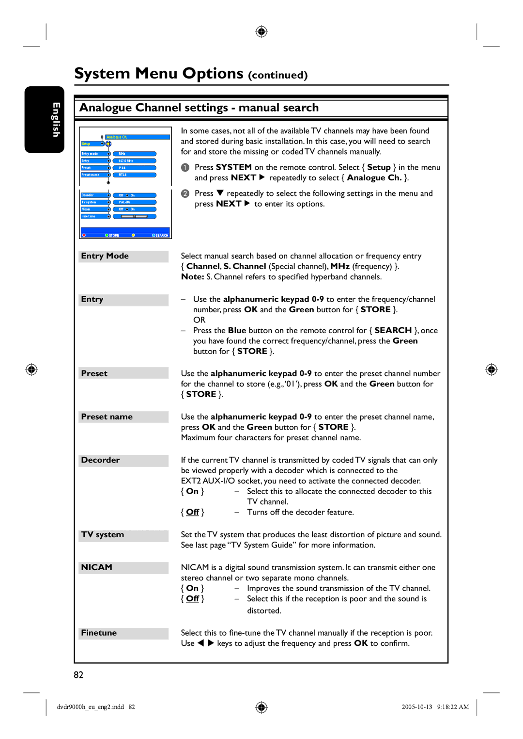 Philips DVDR9000H user manual Analogue Channel settings manual search 