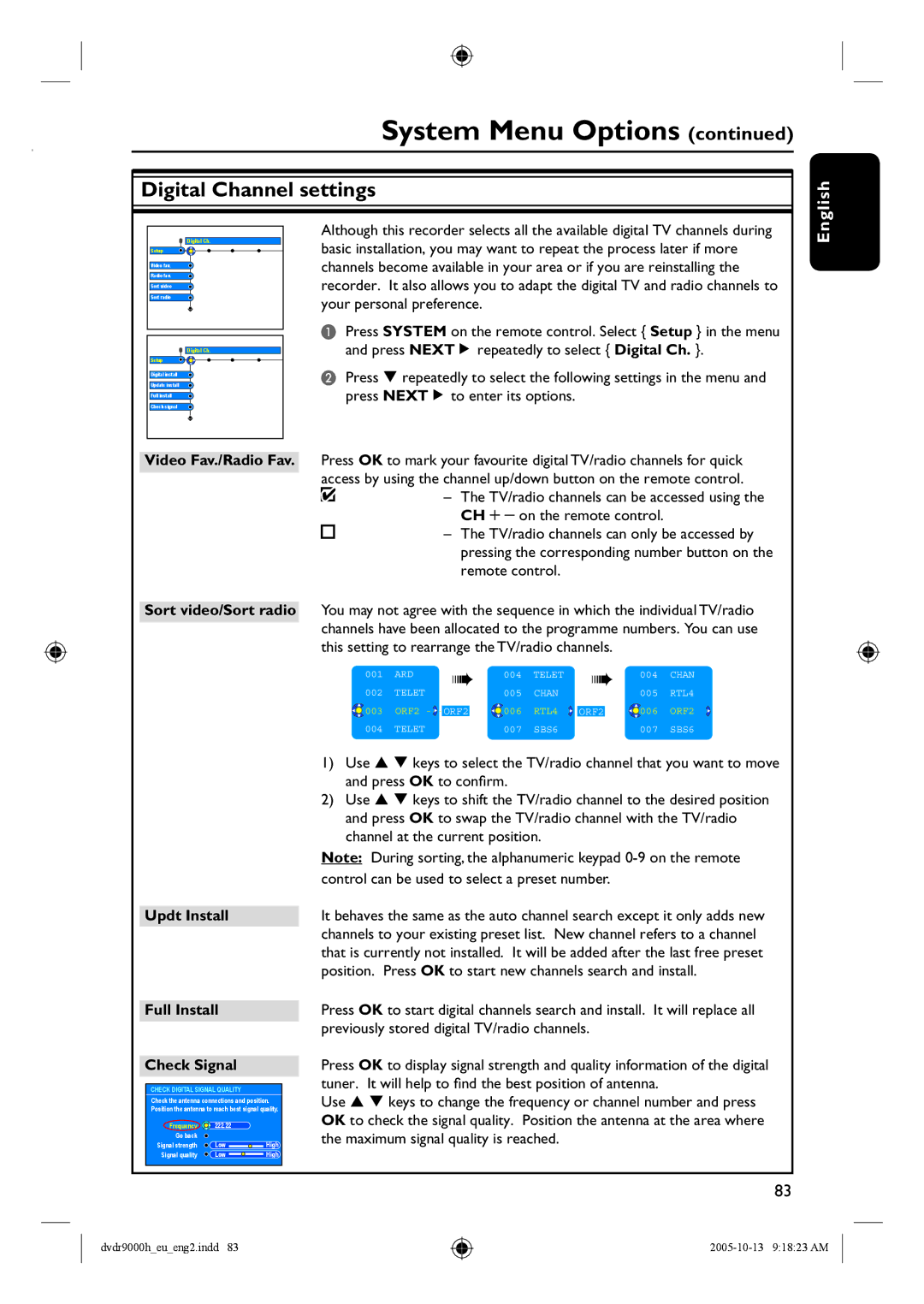 Philips DVDR9000H user manual Digital Channel settings, Updt Install, Full Install Check Signal 