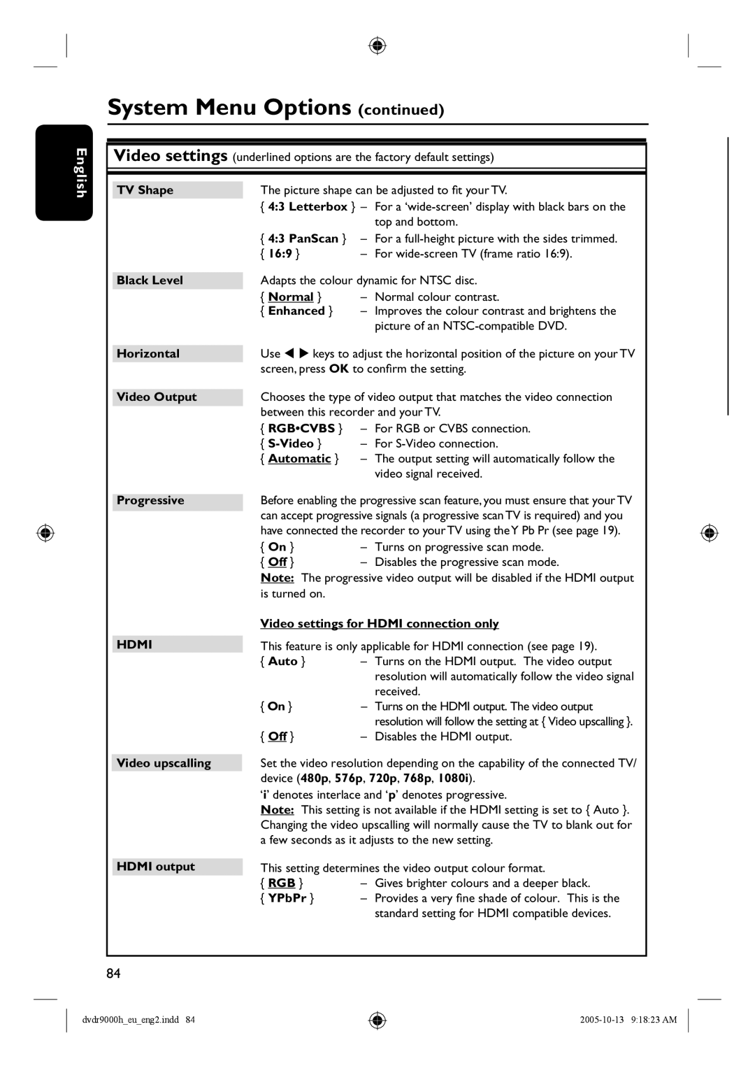 Philips DVDR9000H TV Shape, Letterbox, PanScan, 169, Black Level, Enhanced, Horizontal Video Output Progressive, Auto 