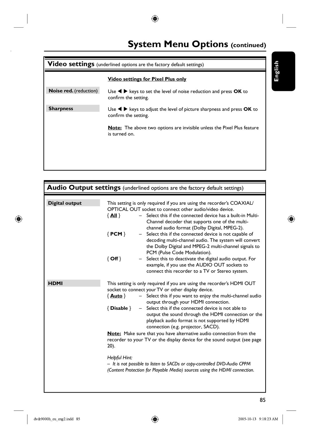 Philips DVDR9000H user manual Digital output, Pcm, Disable 