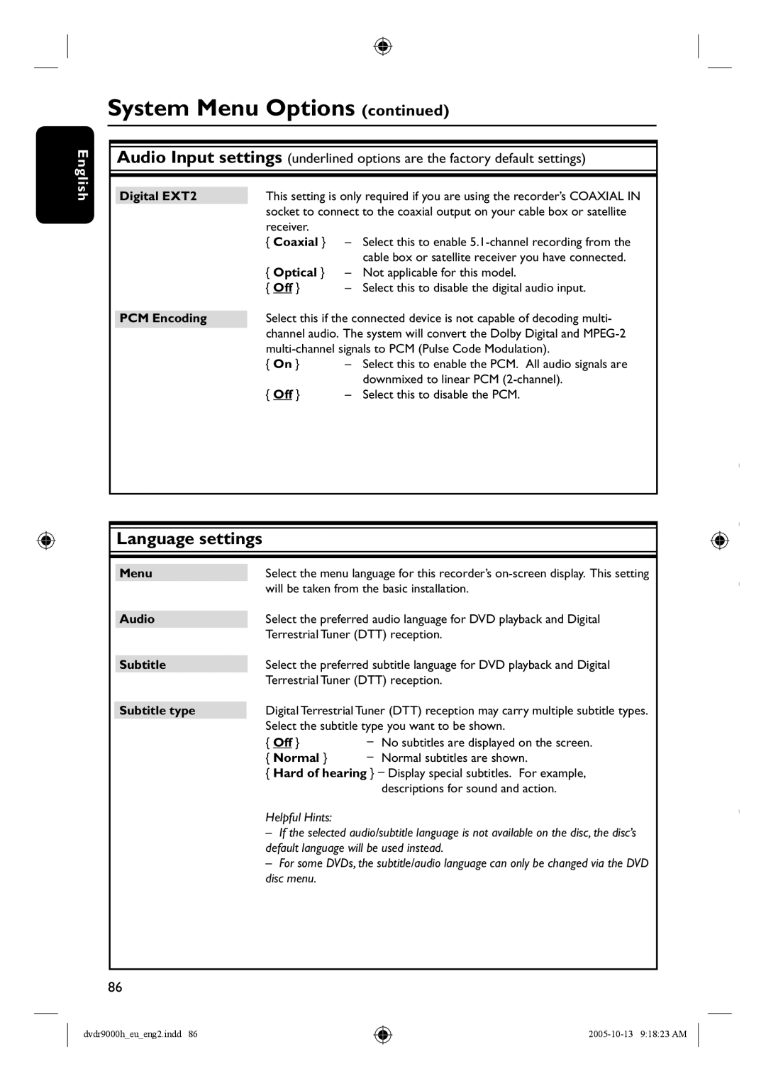 Philips DVDR9000H user manual Language settings 