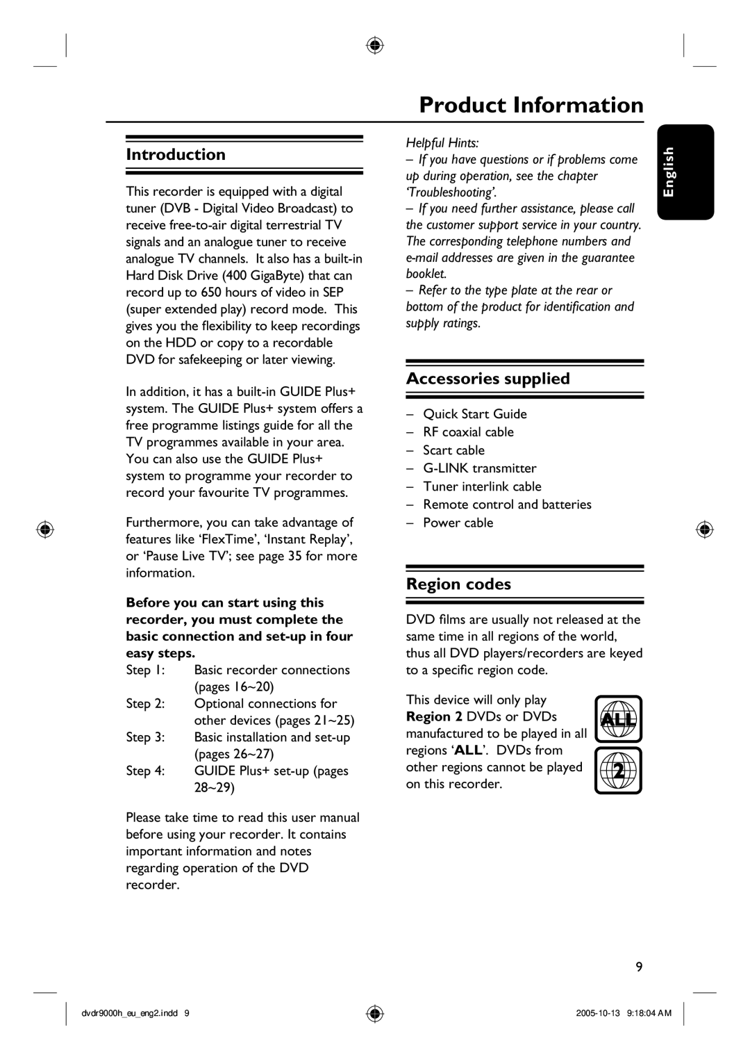 Philips DVDR9000H user manual Product Information, Introduction, Accessories supplied, Region codes 