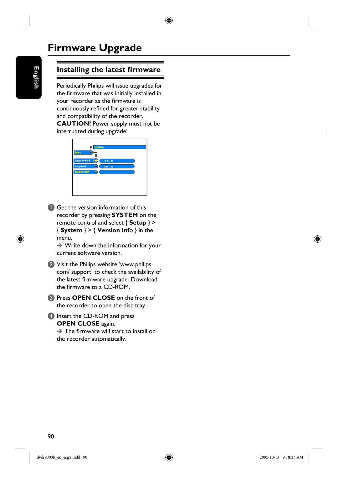 Philips DVDR9000H user manual Firmware Upgrade, Installing the latest firmware, System Version Info in the menu 