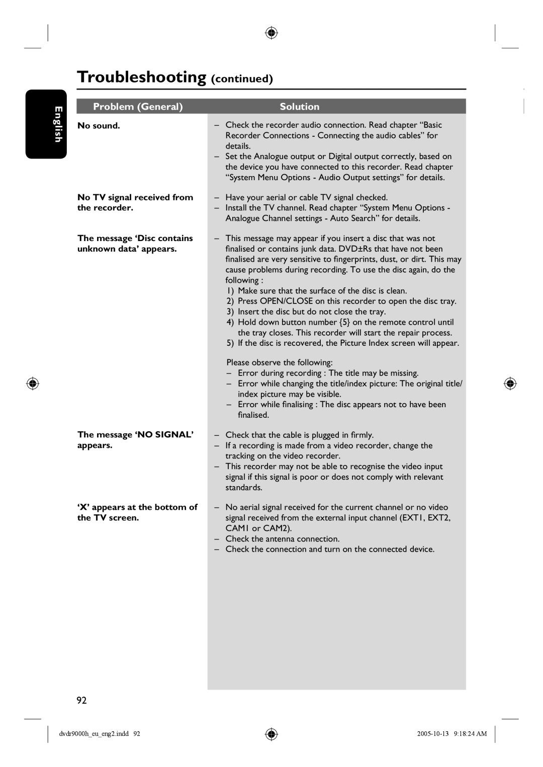 Philips DVDR9000H No sound, No TV signal received from, Recorder, Message ‘Disc contains, Unknown data’ appears, Appears 