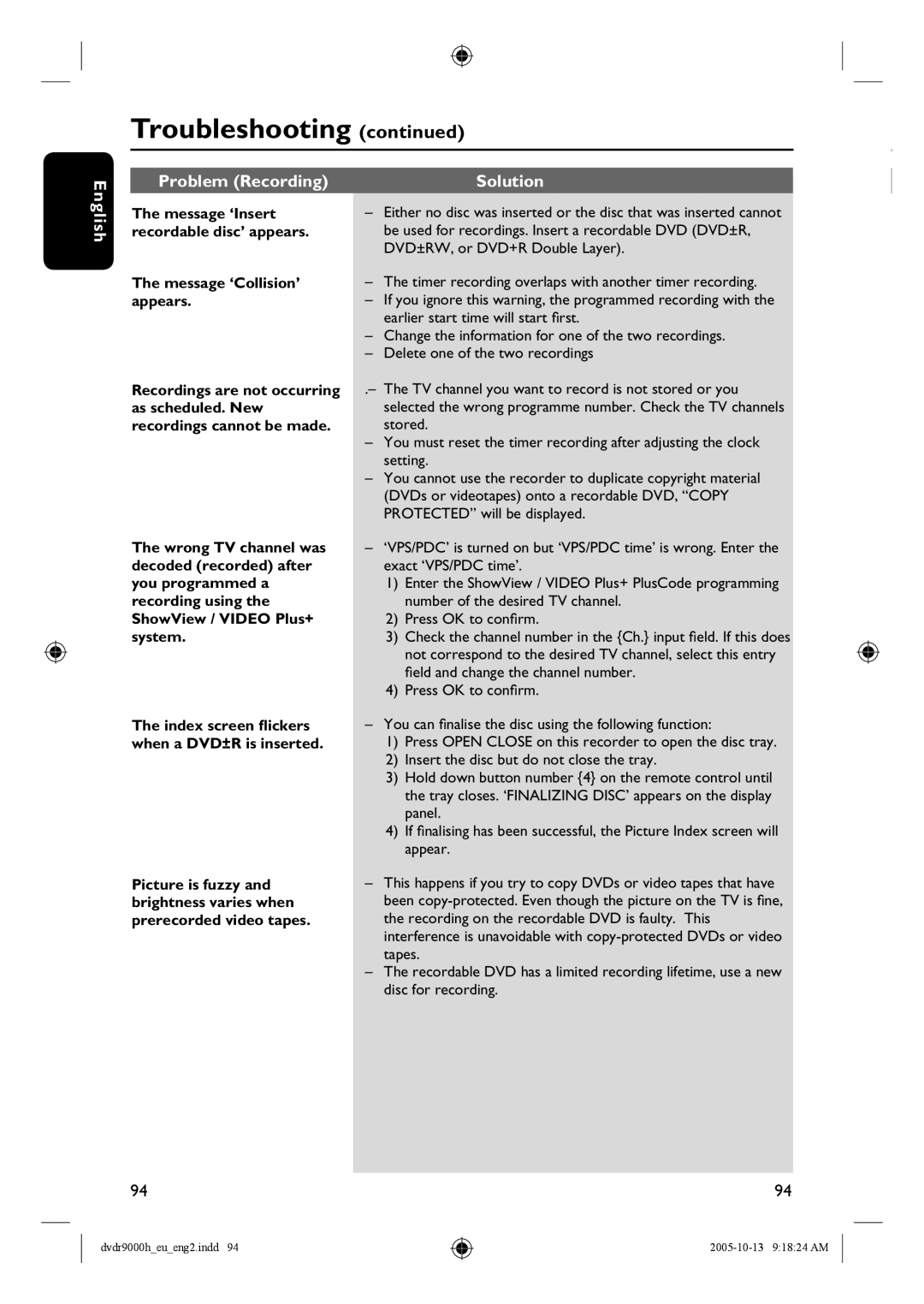 Philips DVDR9000H user manual Problem Recording Solution English, Message ‘Collision’ appears 