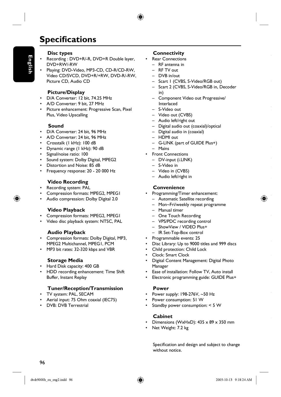 Philips DVDR9000H user manual Specifications 