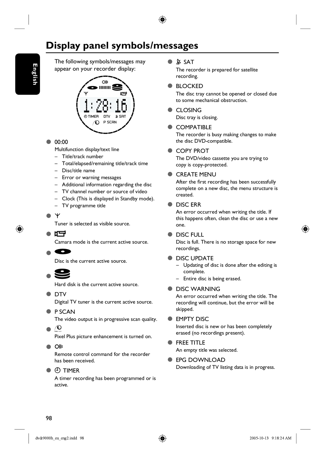 Philips DVDR9000H user manual Display panel symbols/messages, 0000 