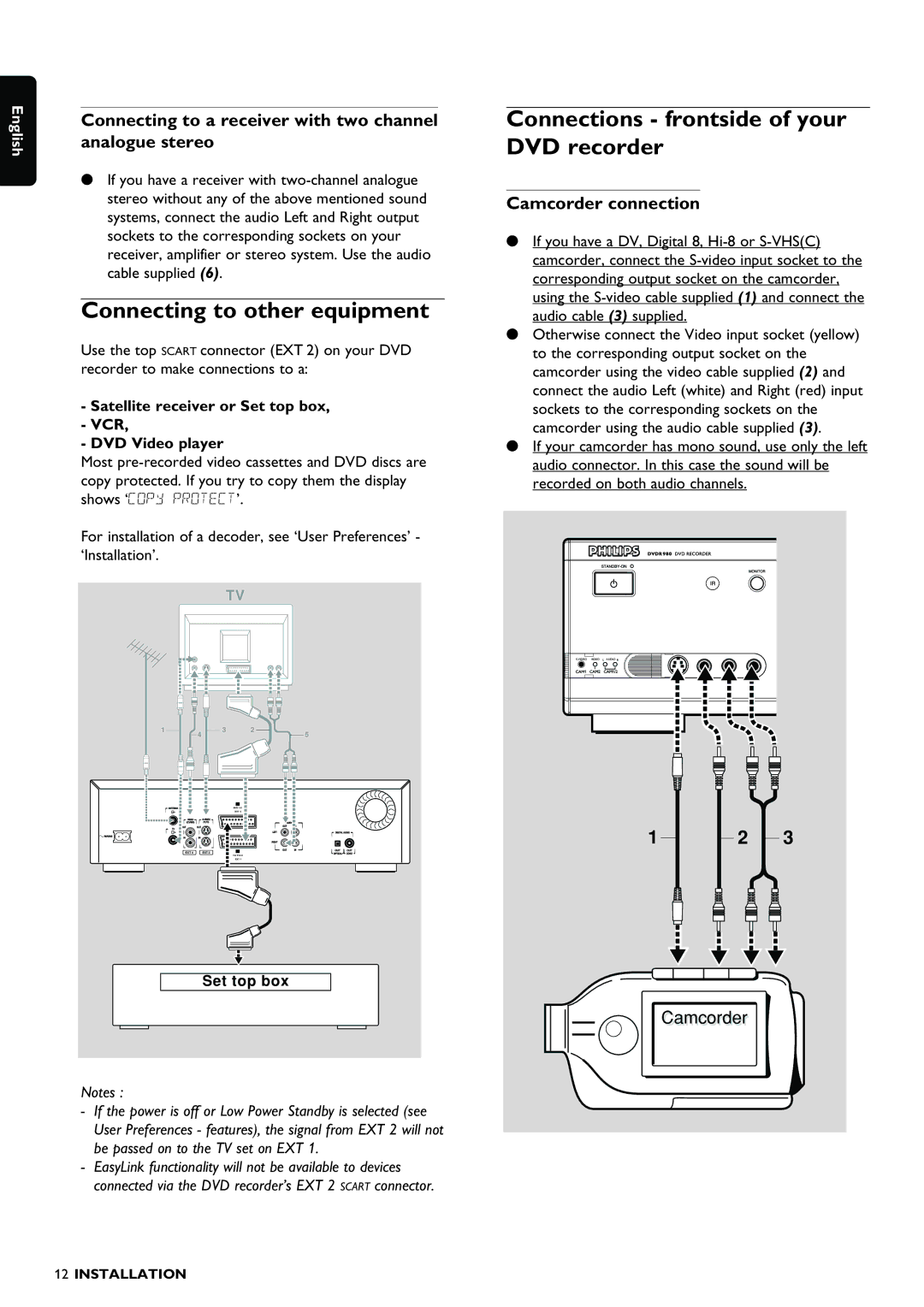 Philips DVDR980 manual Connecting to other equipment, Connections frontside of your DVD recorder, Camcorder connection 