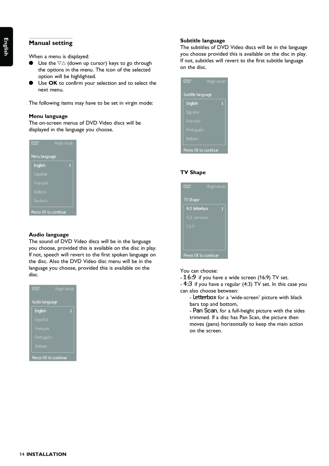 Philips DVDR980 manual Manual setting, Menu language, Audio language, Subtitle language, TV Shape 