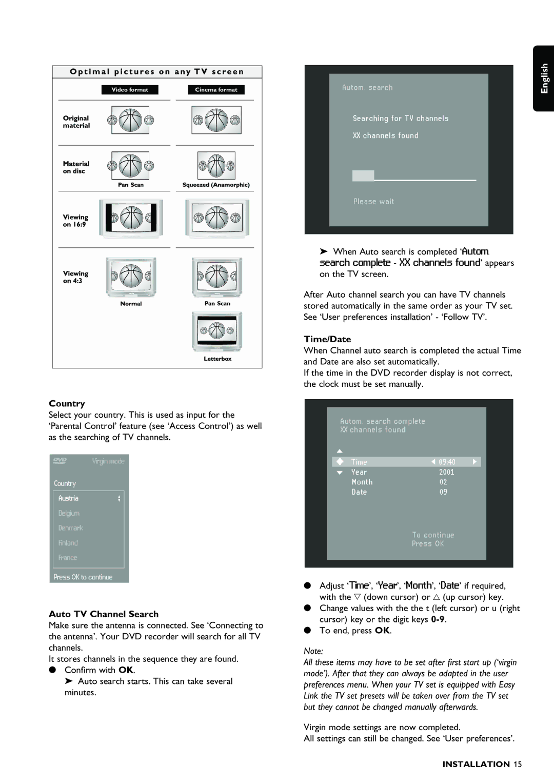 Philips DVDR980 manual Country, Auto TV Channel Search, Time/Date 