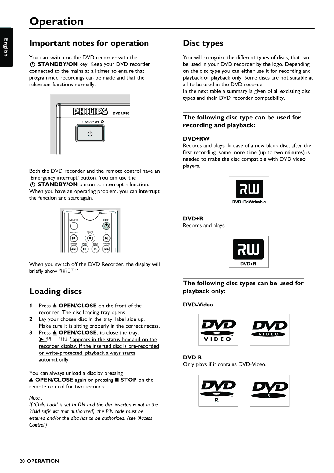 Philips DVDR980 manual Operation, Important notes for operation, Disc types, Loading discs 